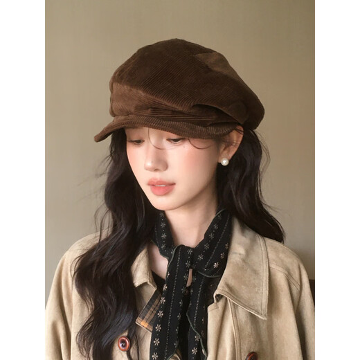 Shijanu Korean Retro Corduroy Newsboy Cap Brown Irregular Wide Brim Beret Khaki One Size (55-59cm) Adjustable