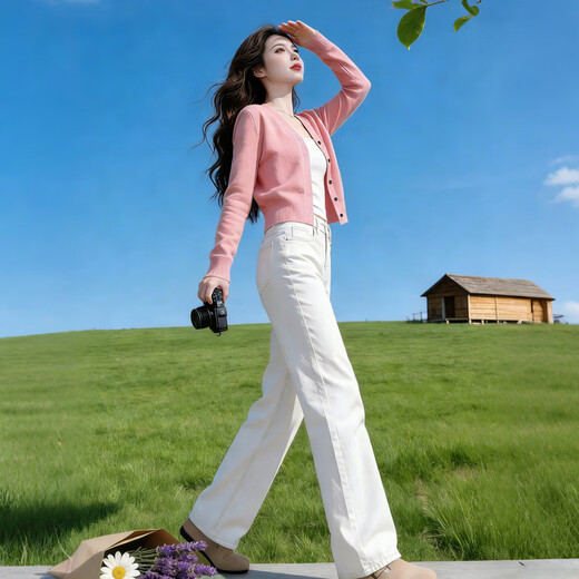 Fabric Story Luofen Women's Style Age-Reducing Wool Soft Waxy Knit Sweater + Versatile Straight White Jeans for Early Spring Wear Pink Knit Sweater M