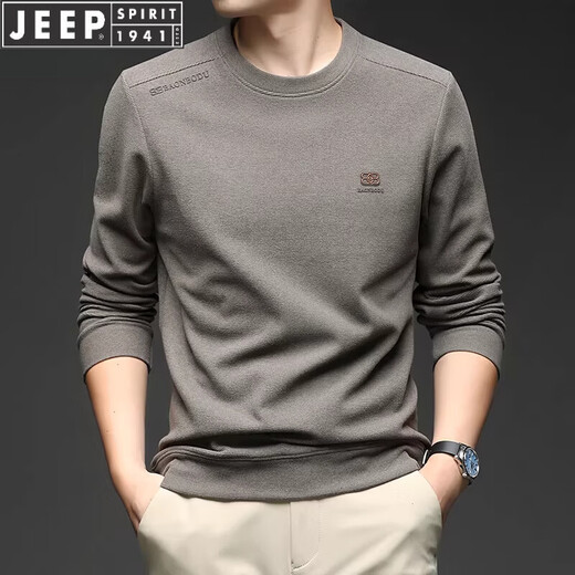 JEEP SPIRIT2026 spring and autumn new round neck long-sleeved t-shirt sweatshirt for young men with wool top casual versatile bottoming shirt medium gray M (suitable for 100-120 Jin Jin equals 0.5 kg)