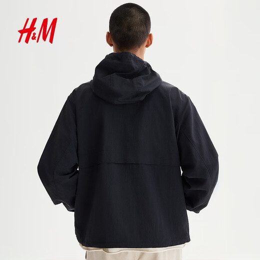 H&M Men's Jacket Summer New Lightweight Windproof Hooded Hydrophobic Nylon Windproof Hooded Jacket 1318393 Black M 175/100