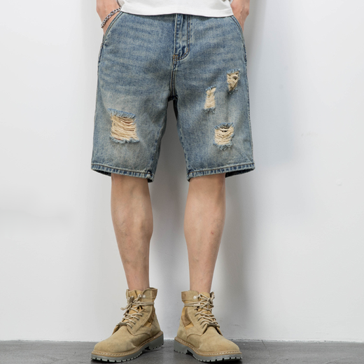 Boyuni American Casual Retro Bettler zerrissen Denim Shorts Männer lose trendige hübsche fünf Punkte Hose Dünne mittelgroße Hosen PG-719 Blau 30