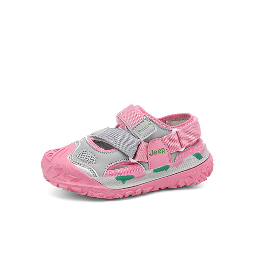 JEEP Girls Sandals 2025 Summer New Style Comfortable and Lightweight Children's Hollow Sandals Convenient Velcro Boys' Shoes 7264L Gray Pink (Hollow Sandals) 27 / Inner Length Approximately 17.3cm