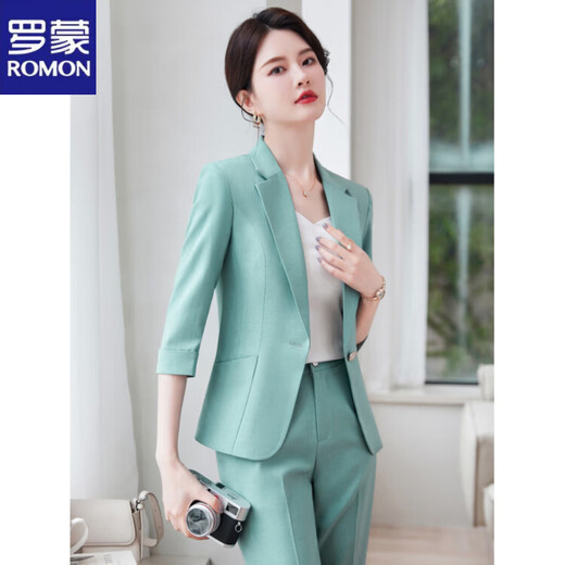 ROMON 2026 summer new style mid-sleeve suit suit for women, high-end, small, professional, casual, small suit jacket, green single-piece suit jacket XL recommended 109-119 Jin Jin equals 0.5 kg