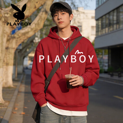 Playboy (PLAYBOY) American Heavyweight Hooded Sweatshirt Men's 2026 Spring New Loose Casual Versatile Jacket Men's Tops Men's Clothing Red S Recommendation 95-120Jin Jin equals 0.5 kg