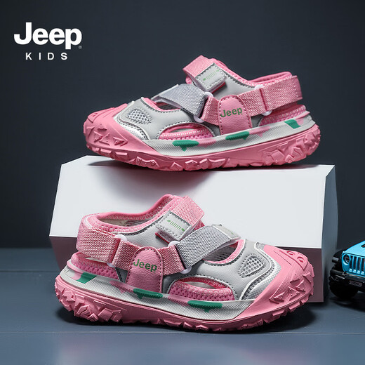 JEEP Girls Sandals 2025 Summer New Style Comfortable and Lightweight Children's Hollow Sandals Convenient Velcro Boys' Shoes 7264L Gray Pink (Hollow Sandals) 27 / Inner Length Approximately 17.3cm
