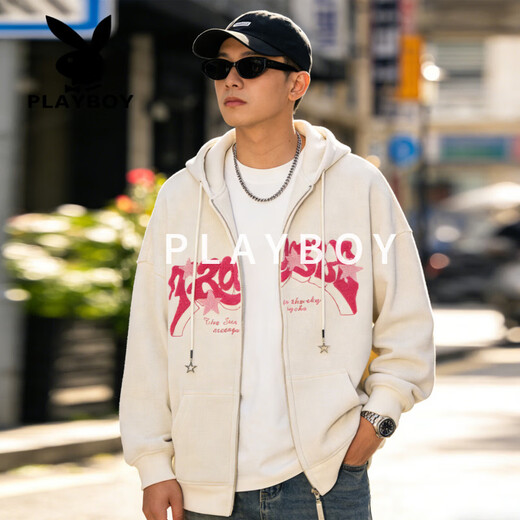 Playboy (PLAYBOY) Sudadera con capucha y cremallera de estrella retro americana para hombre 2026 primavera suelta casual de moda chaqueta cárdigan versátil albaricoque S 85-105