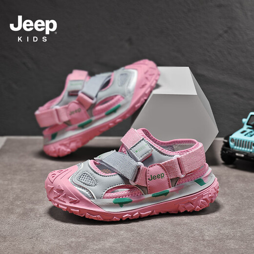JEEP Girls Sandals 2025 Summer New Style Comfortable and Lightweight Children's Hollow Sandals Convenient Velcro Boys' Shoes 7264L Gray Pink (Hollow Sandals) 27 / Inner Length Approximately 17.3cm
