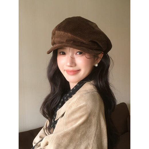 Shijanu Korean Retro Corduroy Newsboy Cap Brown Irregular Wide Brim Beret Khaki One Size (55-59cm) Adjustable