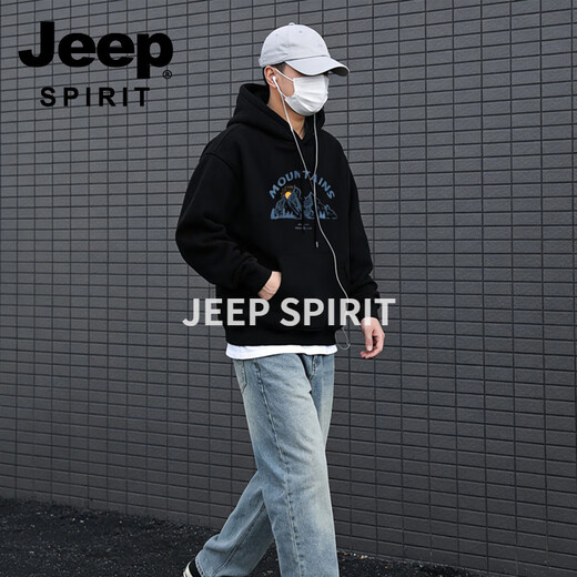 JEEP SPIRIT hooded sweatshirt for men 2026 spring new trendy brand loose versatile printed tops and jackets for men gray S 95-120 Jin Jin is equal to 0.5 kg
