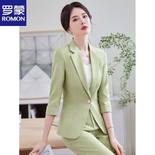 ROMON 2026 summer new style mid-sleeve suit suit for women, high-end, small, professional, casual, small suit jacket, green single-piece suit jacket XL recommended 109-119 Jin Jin equals 0.5 kg