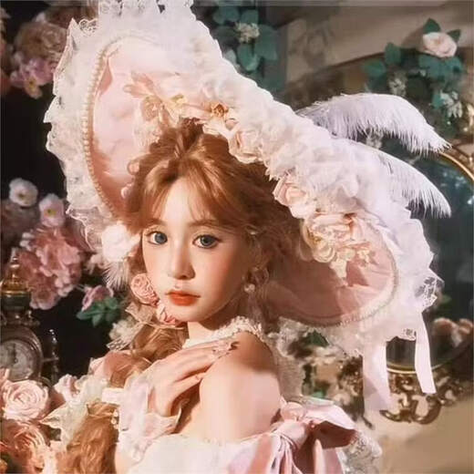 Beast Spring Pink Original Bonnet bnt Tea Party Elegant Heavy Industry Lolita Small Things Lace Rose Big Brim Hat Feather Flowers) Lace Pink Big Brim Hat M (56-58cm)