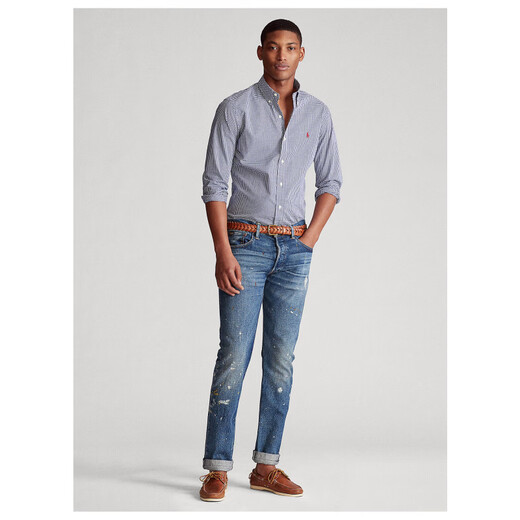 RL Ralph Lauren 2026 new business casual plaid long-sleeved shirt pure cotton men's shirt Sapphire XS 100-120Jin Jin equals 0.5 kg