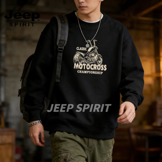 JEEP SPIRIT heavyweight American retro motorcycle print velvet sweatshirt men's loose casual long-sleeved round neck bottoming shirt top men red S (95-120Jin Jin equals 0.5 kg)