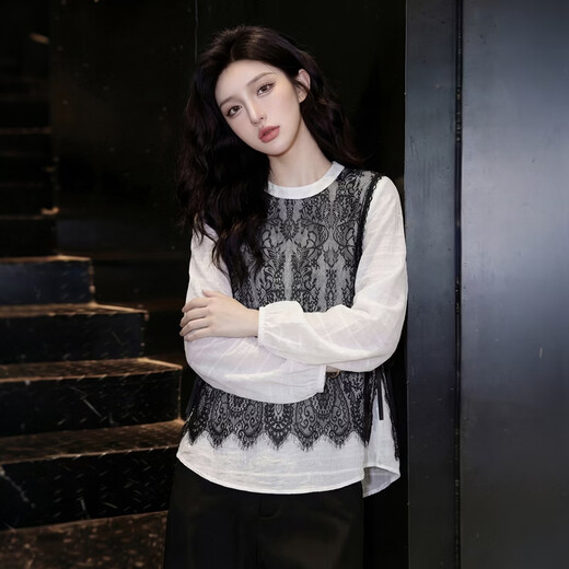 Cypress Chelysell shirt for women 2026 spring new fashion fake two-piece long-sleeved round neck contrasting color splicing shirt