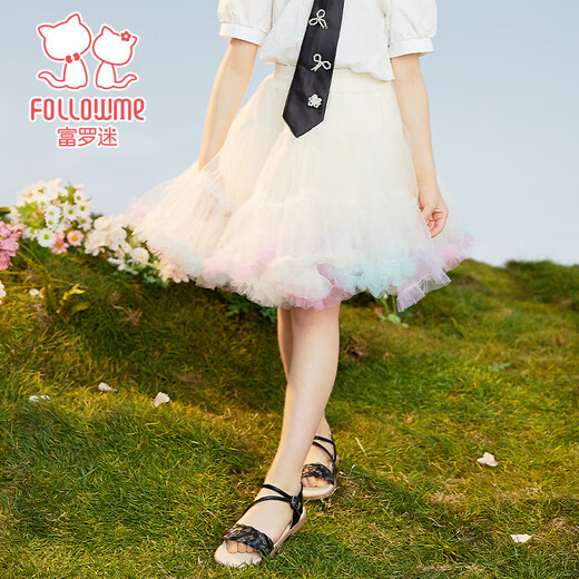 Fuluo Mi Girls' Skirt Summer New Sweet Puffy Princess Skirt Girls Fashionable and Good-looking Convex Skirt Beige 100