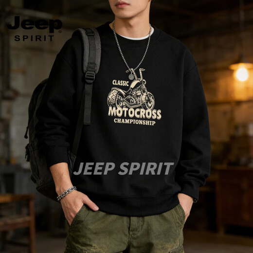 JEEP SPIRIT heavyweight American retro motorcycle print velvet sweatshirt men's loose casual long-sleeved round neck bottoming shirt top men red S (95-120Jin Jin equals 0.5 kg)