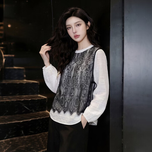 Cypress Chelysell shirt for women 2026 spring new fashion fake two-piece long-sleeved round neck contrasting color splicing shirt