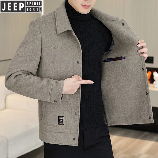 JEEP SPIRIT羊毛呢外套男士短款双面尼大衣秋冬新款男装加厚呢子夹克 常规 N2308/灰色/毛衣 XL 适合130-150斤