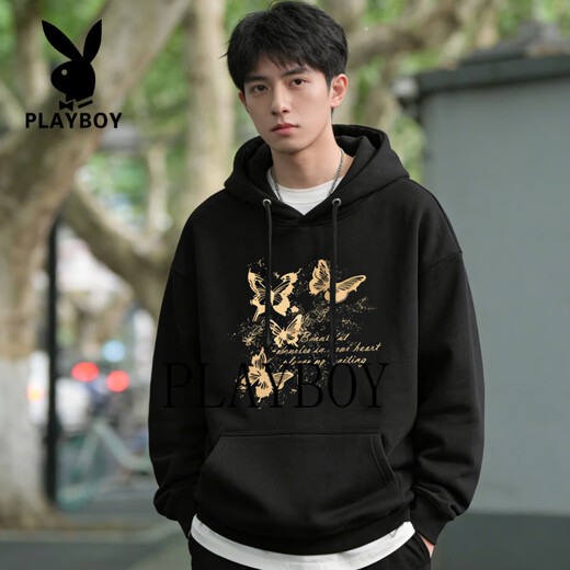 Playboy sweatshirt men's 2026 spring trendy hooded jacket men's clothing men's casual versatile sports top black S recommended to wear 70-90Jin Jin equals 0.5 kg