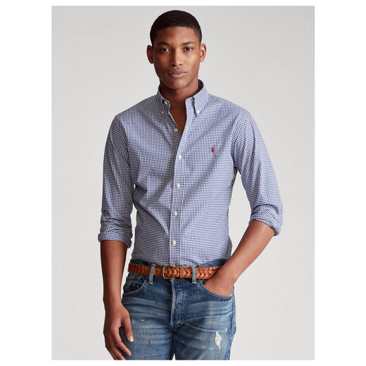 RL Ralph Lauren 2026 new business casual plaid long-sleeved shirt pure cotton men's shirt Sapphire XS 100-120Jin Jin equals 0.5 kg