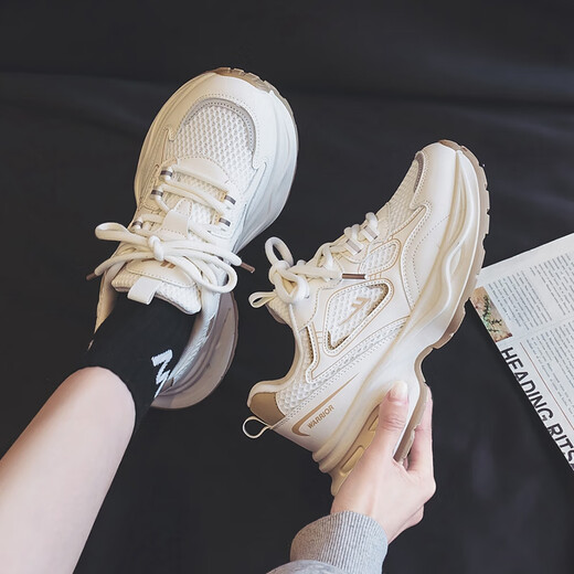 Huili Frauenschuhe dicker LOLED DAD SHOUS Damen Atmungsfreie vielseitige trendige Schuhe Retro Freizeitschuhe J841Z Beige 37