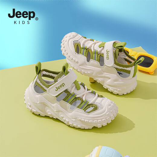 Sandalias Jeep para niños, zapatos de suela blanda con puntera para niños, zapatos de playa ligeros con velcro antideslizantes para niñas de verano 2025, verde 28, la longitud interior del zapato es de aproximadamente 17,9 cm