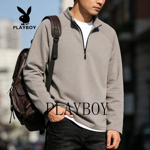 Playboy half-zip sweatshirt men's 2026 spring new solid color stand-up collar loose long-sleeved bottoming shirt jacket gray S recommended 75-95Jin Jin equals 0.5 kg