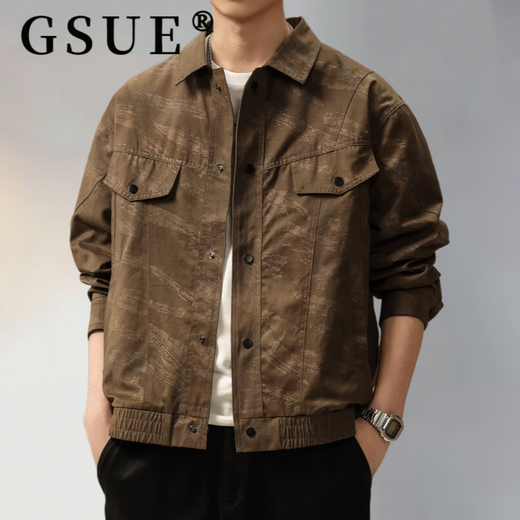 GSUE American retro tie-dye distressed lapel jacket men's spring new loose trendy brand casual workwear jacket brown M suitable for 100-120Jin Jin equals 0.5 kg