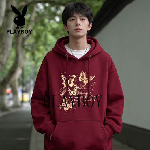 Playboy sweatshirt men's 2026 spring trendy hooded jacket men's clothing men's casual versatile sports top black S recommended to wear 70-90Jin Jin equals 0.5 kg