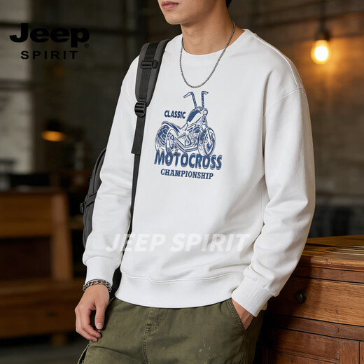 JEEP SPIRIT heavyweight American retro motorcycle print velvet sweatshirt men's loose casual long-sleeved round neck bottoming shirt top men red S (95-120Jin Jin equals 0.5 kg)