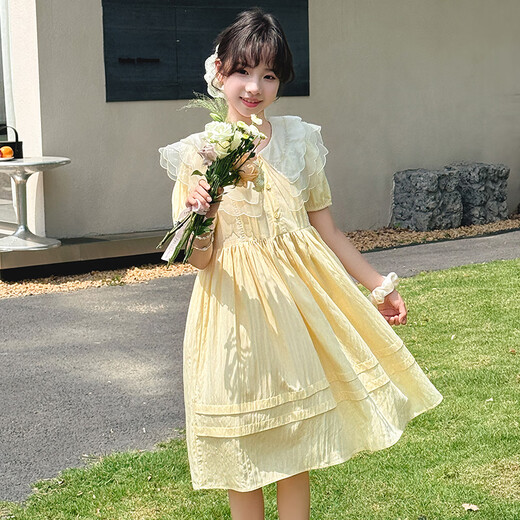 Kaimi Bear Girls' Dress 2026 New Children's Summer Dress for Girls and Large Children Western Style Summer Girls Short-Sleeved Princess Dress Light Yellow Size 120 Recommended Height About 115cm