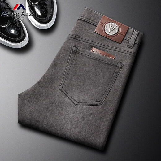 MARCO AZZALI brand spring jeans for men 2026 new casual and versatile high-end stretch slim small straight pants for men gray 30 recommended 120-130 Jin Jin equals 0.5 kg
