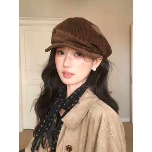 Shijanu Korean Retro Corduroy Newsboy Cap Brown Irregular Wide Brim Beret Khaki One Size (55-59cm) Adjustable