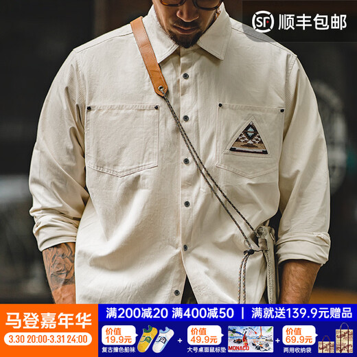 Madden workwear American retro long-sleeved shirt men's Indian totem patchwork pocket stacked cotton shirt spring off-white S