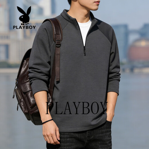 Playboy half-zip sweatshirt men's 2026 spring new solid color stand-up collar loose long-sleeved bottoming shirt jacket gray S recommended 75-95Jin Jin equals 0.5 kg