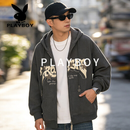 Playboy (PLAYBOY) Sudadera con capucha y cremallera de estrella retro americana para hombre 2026 primavera suelta casual de moda chaqueta cárdigan versátil albaricoque S 85-105