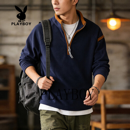 花花公子半拉链立领卫衣男2026春季新款宽松大码潮流加绒保暖外套 卡其色 S 110-140斤