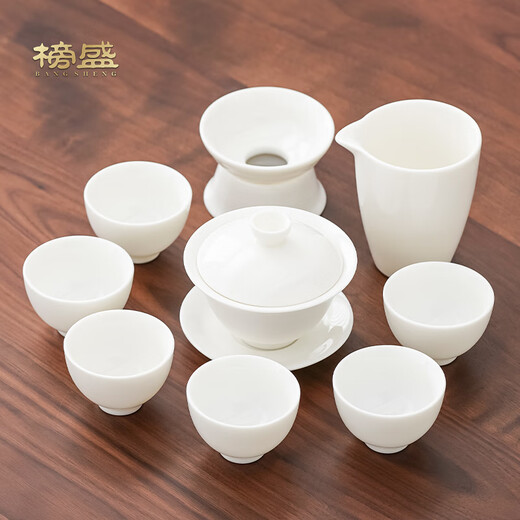 Bangsheng mutton-fat jade Dehua white porcelain Kung Fu tea set home living room office high-end light teapot lid bowl tea cup mutton-fat jade holding incense cup 10 pieces