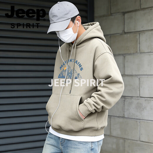 JEEP SPIRIT hooded sweatshirt for men 2026 spring new trendy brand loose versatile printed tops and jackets for men gray S 95-120 Jin Jin is equal to 0.5 kg