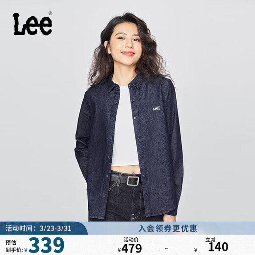 Lee25 new autumn and winter standard-fit lapel embroidered small logo women's long-sleeved denim shirt dark blue M