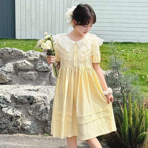 Kaimi Bear Girls' Dress 2026 New Children's Summer Dress for Girls and Large Children Western Style Summer Girls Short-Sleeved Princess Dress Light Yellow Size 120 Recommended Height About 115cm