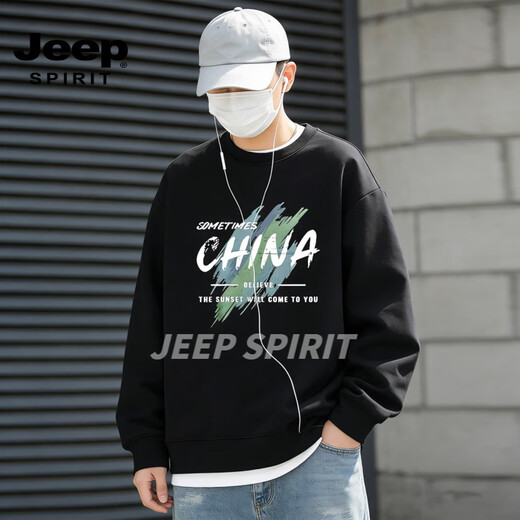 JEEP SPIRIT crew neck sweatshirt men's 2026 spring new loose casual bottoming shirt men's long-sleeved top jacket black S