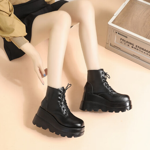 Qisiman Heel Cos erhöhte Schuhe 20 cm Schwamm Kuchen Sohle Martin Boots Herbst und Winter Britische Stiefel Kurzstiefel Frauen Kurzstiefel hohe Sohle schwarz [10 cm Höhe] 38
