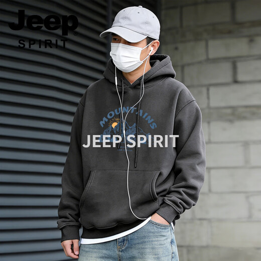 JEEP SPIRIT hooded sweatshirt for men 2026 spring new trendy brand loose versatile printed tops and jackets for men gray S 95-120 Jin Jin is equal to 0.5 kg