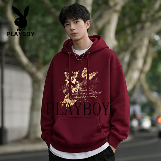 Playboy sweatshirt men's 2026 spring trendy hooded jacket men's clothing men's casual versatile sports top black S recommended to wear 70-90Jin Jin equals 0.5 kg