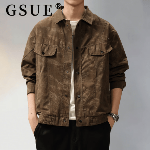 GSUE American retro tie-dye distressed lapel jacket men's spring new loose trendy brand casual workwear jacket brown M suitable for 100-120Jin Jin equals 0.5 kg