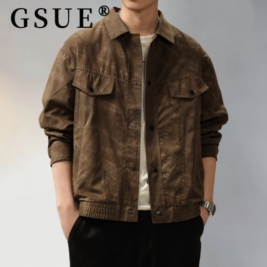 GSUE American retro tie-dye distressed lapel jacket men's spring new loose trendy brand casual workwear jacket brown M suitable for 100-120Jin Jin equals 0.5 kg