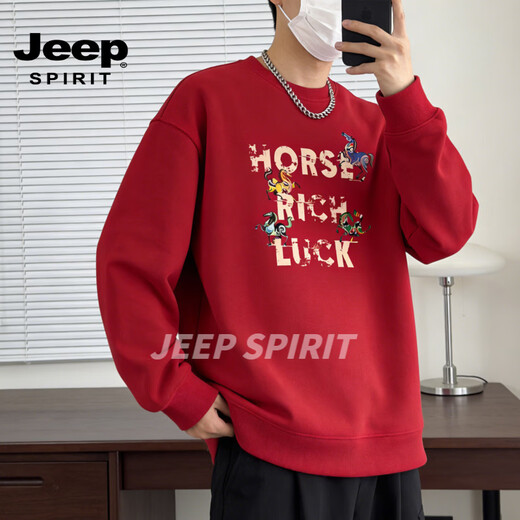JEEP SPIRIT Тяжелый американский тяжеловесный свитер с круглым вырезом, мужская свободная бархатная рубашка с утепленным низом, национальный тренд, новогодняя красная футболка с длинными рукавами, бордовый XS