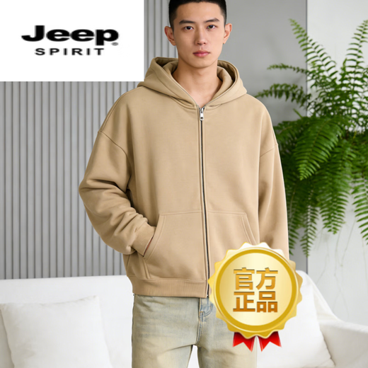 JEEP SPIRIT hooded sweatshirt men's 2026 spring zipper cardigan loose versatile jacket men's tops black M