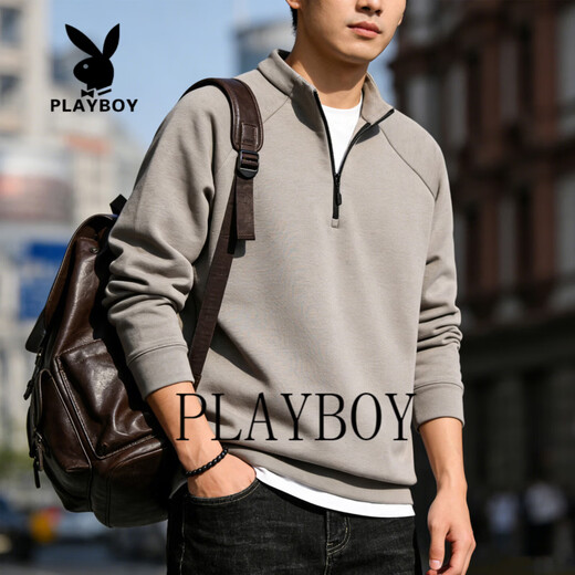 Playboy half-zip sweatshirt men's 2026 spring new solid color stand-up collar loose long-sleeved bottoming shirt jacket gray S recommended 75-95Jin Jin equals 0.5 kg